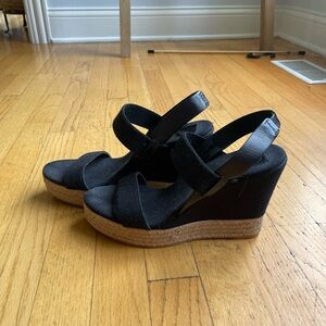 TORY BURCH Two-Band Canvas Wedge Espadrille Sandal Black SZ 9.5